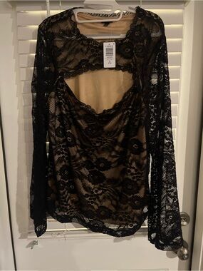 torrid Black Lace Long-Sleeve Chemise with Nude Lining